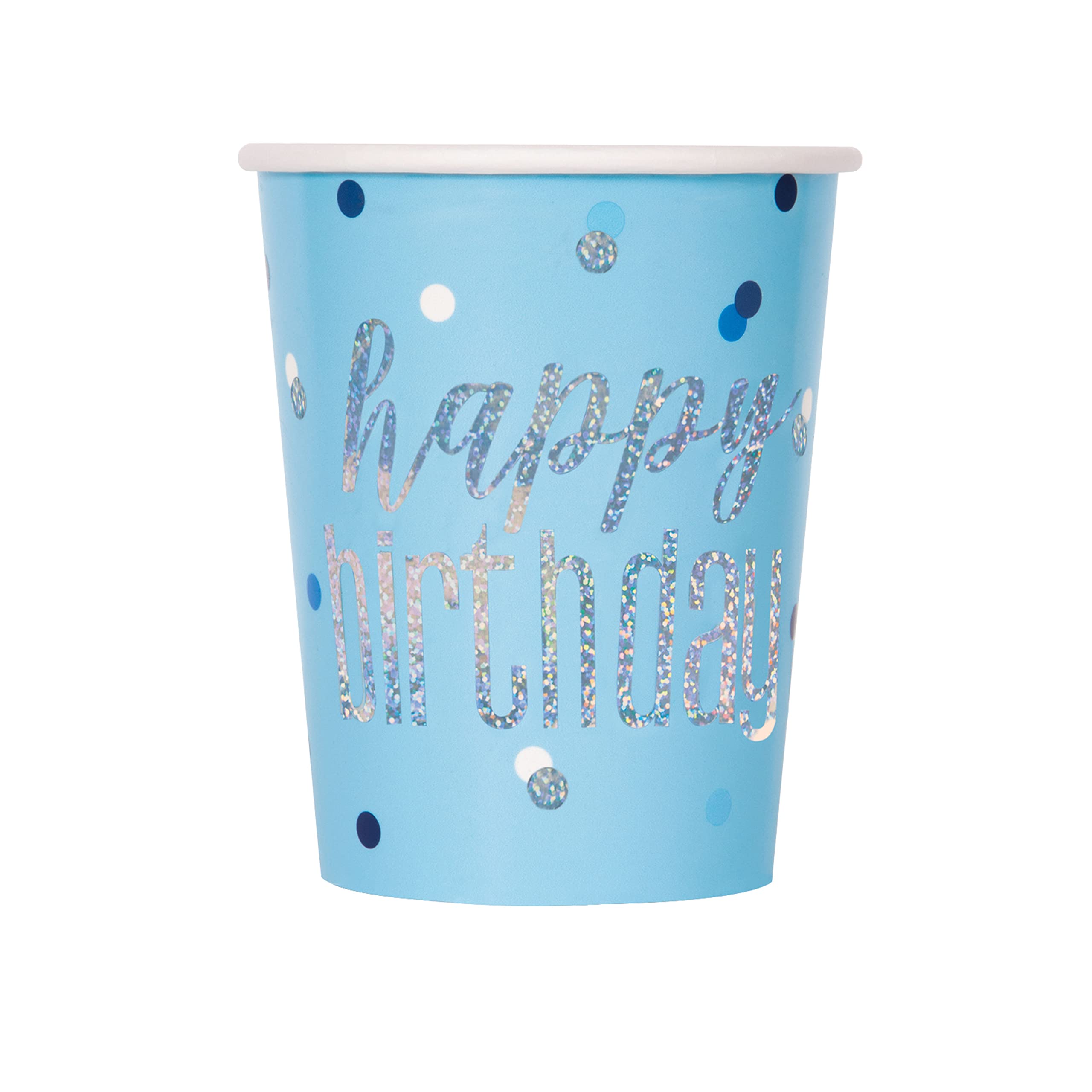 Unique82247 Paper Cups-266 ml-Glitz Foil Blue & Silver Pack of 8, Happy Birthday