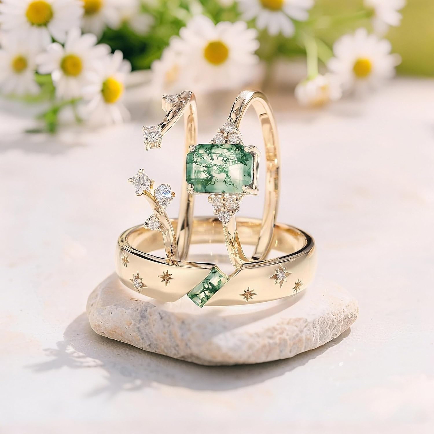 SISGEM Natural Moss Agate Promise Rings for Couples, 925 Sterling Silver/10K 14K 18K Solid Gold Moss Agate Wedding Rings for Him And Her, Vintage Leaf Matching Couple Rings Anniversary Jewelry Gift