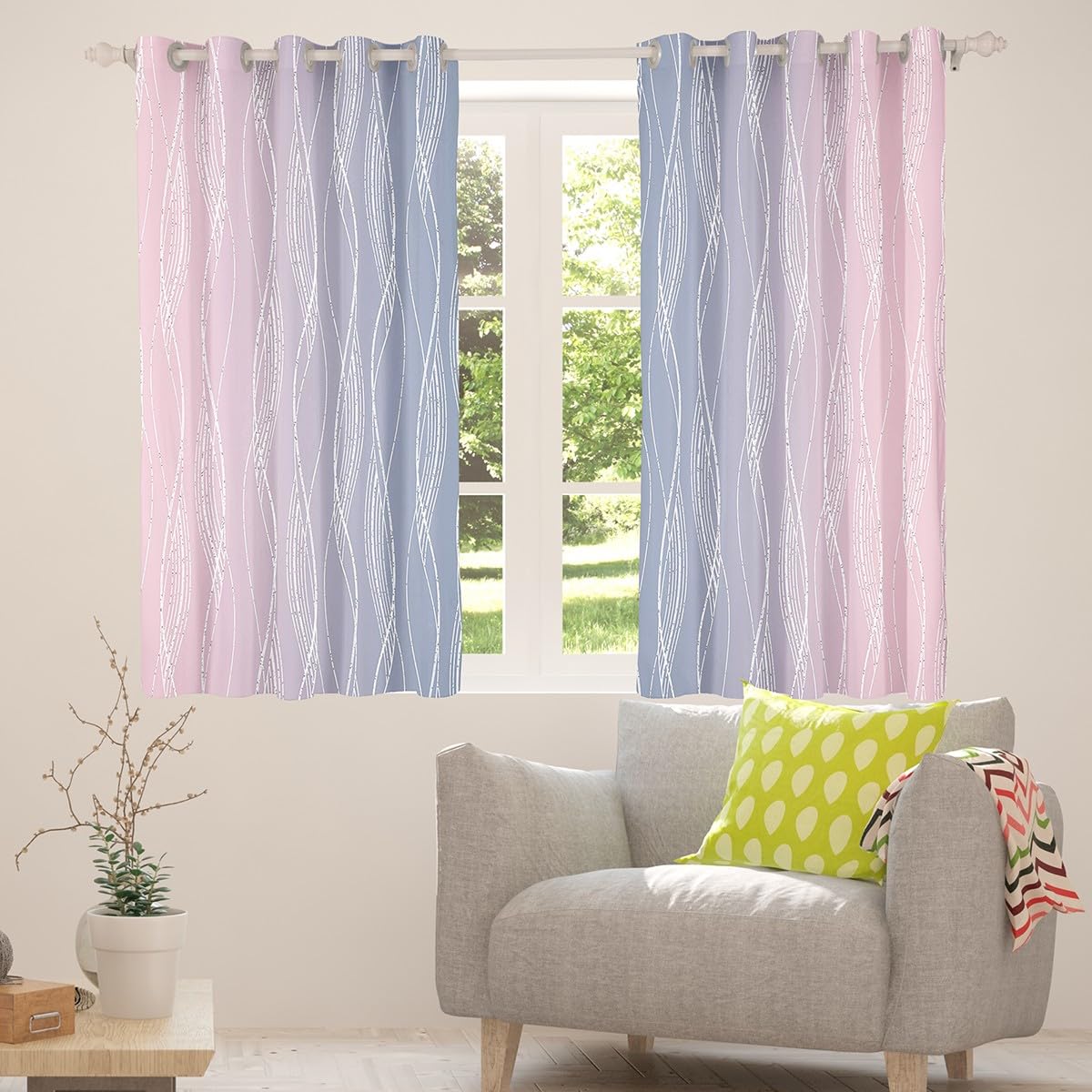 Homewish Pink & Grey 46" Wx54 L Blackout Curtains for Girls Room, Watercolor Ombre, Geometric Wavy Stripe, Abstract Pattern - Image 3