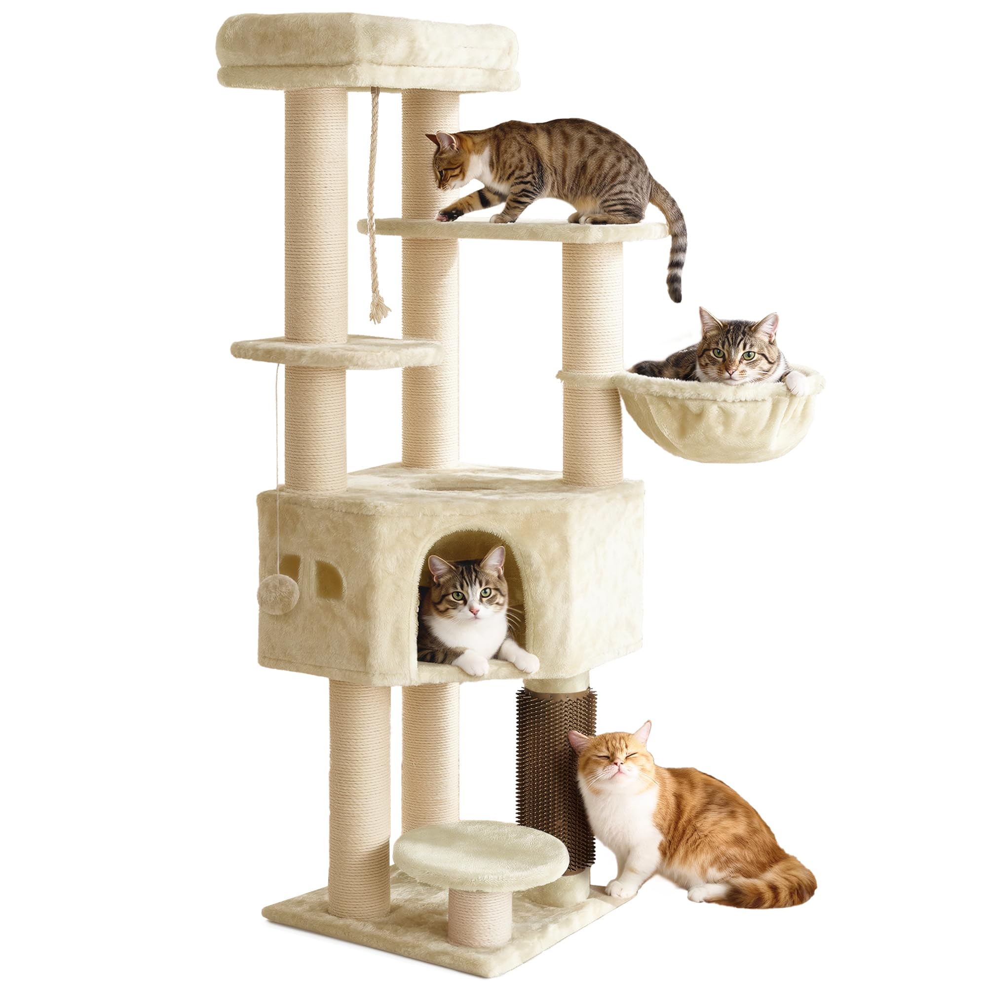 YITAHOME Large Cats Tree Tower, Cat Tree, Cat Brushes, 11 cm Thick Posts, Large Platforms, Plush Cushion, Cave, 50 x 50 x 159 cm, Beige