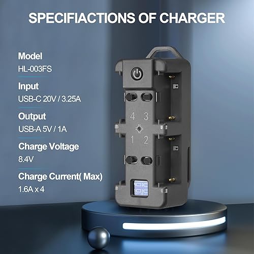 Miniatura 5 de Cargador rápido de batería NP-F de 4 canales con pantalla LCD, enchufe de alimentación PD de 65 W, luz indicadora de carga y cable USB-C compatible