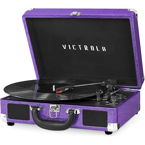 Victrola Vintage 3-Speed Bluetooth Portable Suitcase Record Player with Built-in Speakers | Upgraded Turntable Audio Sound|Purple Glitter, Model Number: VSC-550BT-GPR