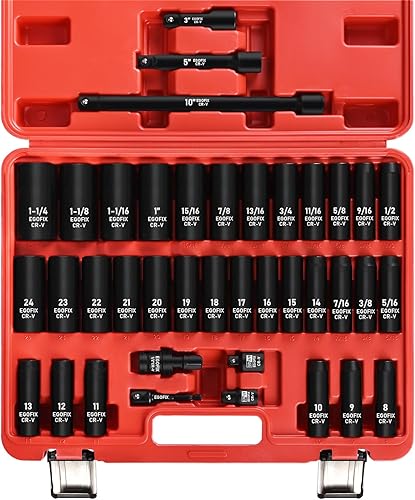 Miniatura 12 de Juego de llaves de impacto de 3/8", 50 piezas SAE estándar (5/16 a 3/4 pulgadas) y métrico (0.315-0.866 in) de 6 puntos, con mango de trinquete