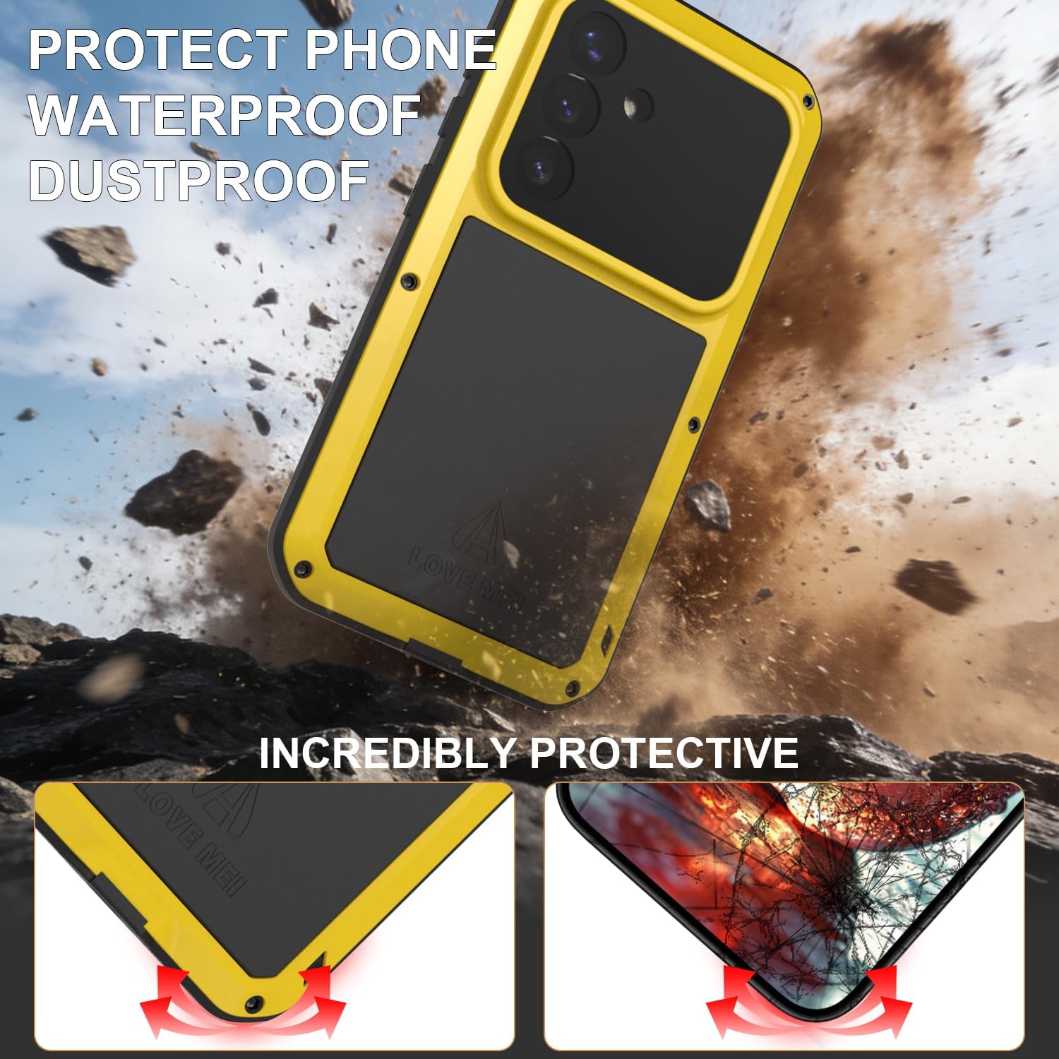 LOVE MEI Military Rugged Case for Samsung Galaxy S26, Hybrid Aluminum Metal and Silicone Gel, Shockproof Dustproof Scratch Proof, Heavy Duty Full Body Cover (Yellow)