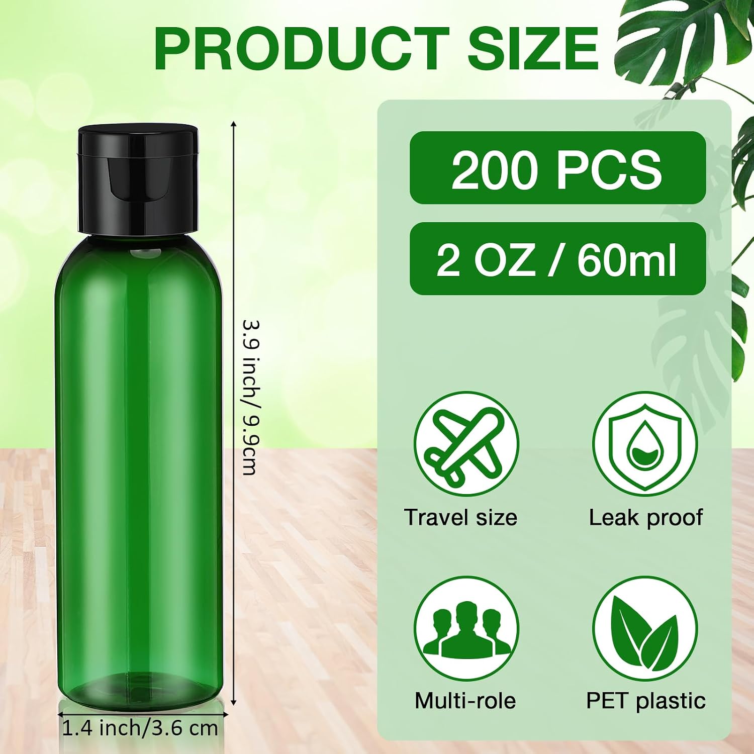 Zhehao 200 Pcs 2 oz Green Plastic Empty Bottles with Lids(Black Cap) image 2