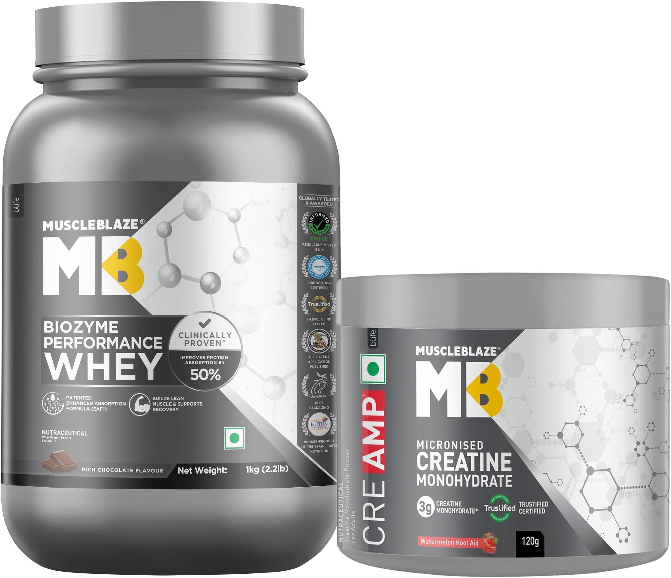 Biozyme Performance Whey Protein Powder, Rich Chocolate (1kg / 2.2lbs) & Micronised Creatine Monohydrate CreAMP, Watermelon Kool Aid (30 Servings, 120g) | Combo Pack