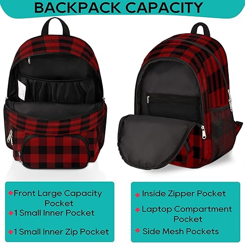 Miniatura 3 de Mochila escolar a cuadros de búfalo rojo y negro, mochila escolar para adolescentes, niñas, niños, mochila escolar para computadora de hombro,