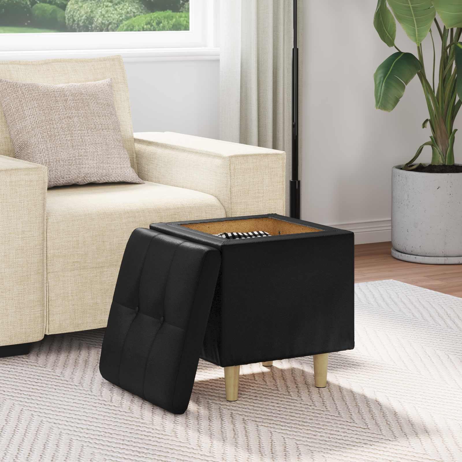 Sottomano nero, 40 x 40 x 45 cm, in ecopelle, con vano portaoggetti, imbottito, gambe stabili, versatile, per soggiorno, cucina, salotto, feste, gastronomia, salvaspazio