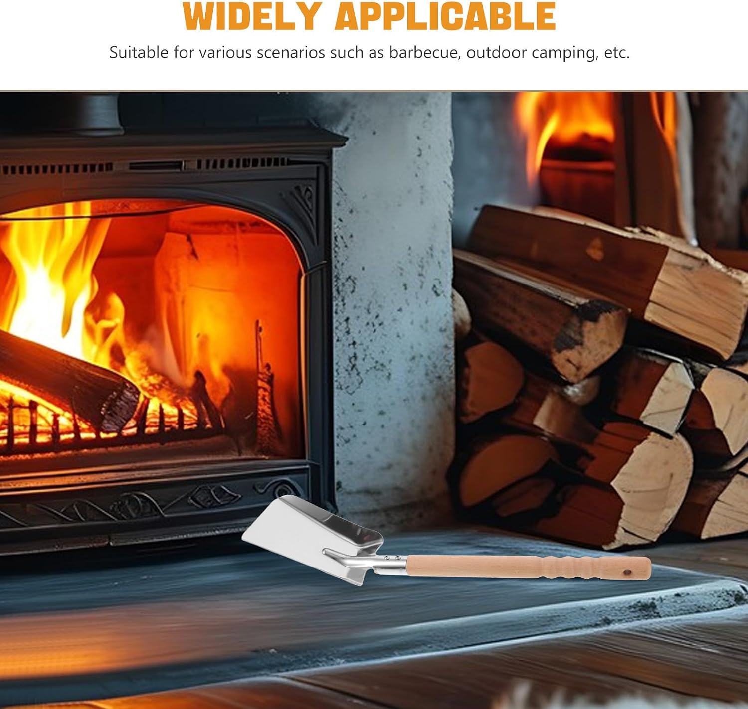 Fireplace Ash Shovel Multi-Purpose Coal Scoop Stainless Steel with Wood Handle, Compact Design for Fire Pit and Stove Cleaning, for Garden and Outdoor Use