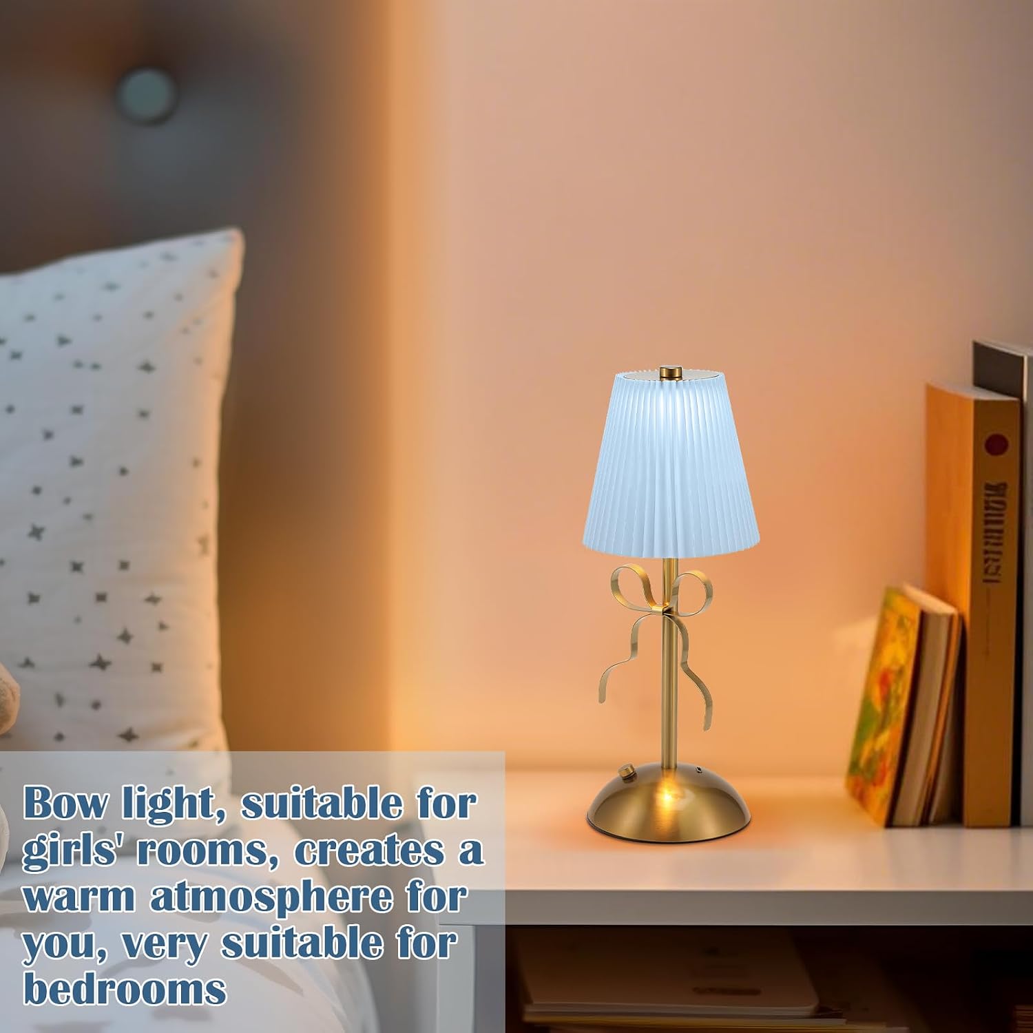 2 Pack Small Gold Bow Table Lamp 12 Inch for Girl's Bedroom Cute Coquette Bow Table Lamp with Fabric Shade Modern Decorative Bedside Light Small Princess Desk Lighting Boho Living Room (Blue)