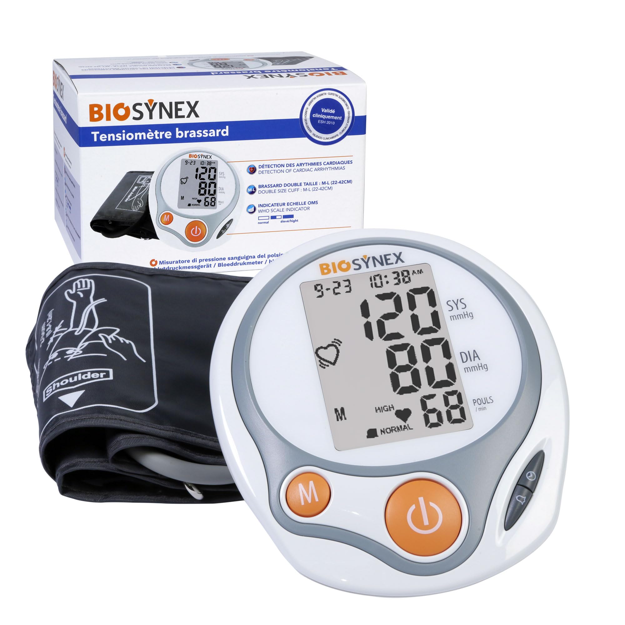 BIOSYNEX - Elektroniczny mankiet ciśnienia krwi - pomiar ciśnienia krwi i tętna - wykrywanie arytmii - nadciśnienie - zatwierdzony klinicznie (opaska na ramię)