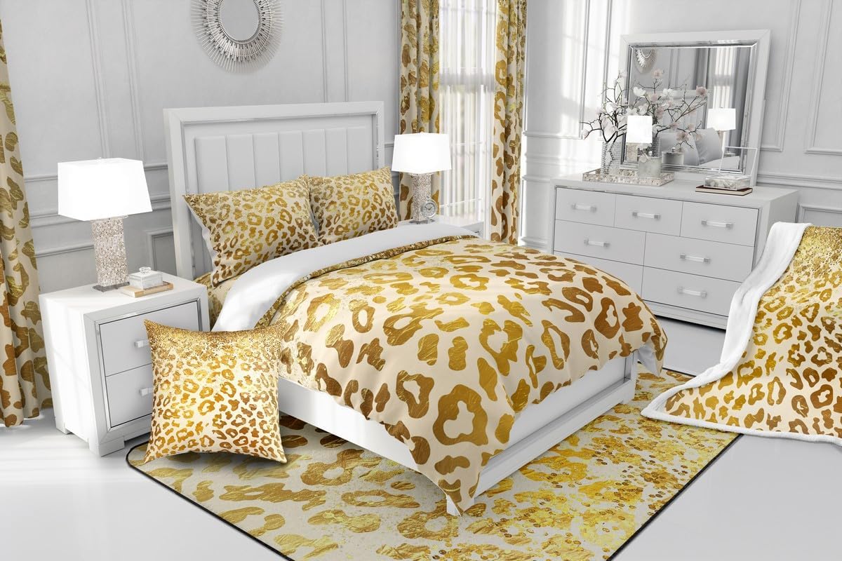 Manfei Kids Gold Leopard Blackout Curtain Gold Sequins Glitter Print Window Drapes for Boy Girls, Wild Animal Fur Print Window Treatments Grommet Top 2 Panel Set Bedroom Curtains, 52Wx96L inch