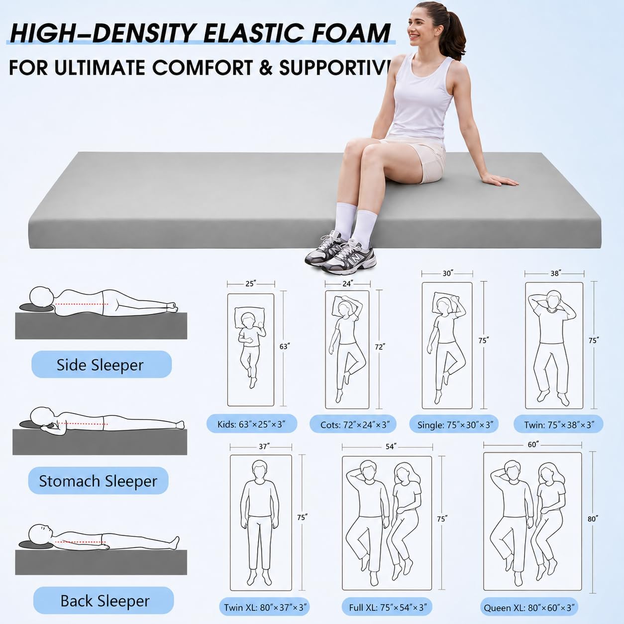 cymula 3 inch memory foam camping pad, camping essentials roll up floor mat for car camping, cot, tent, truck, travel and guest use, non-slip waterproof bottom, removable cover single:75*30*3 grey