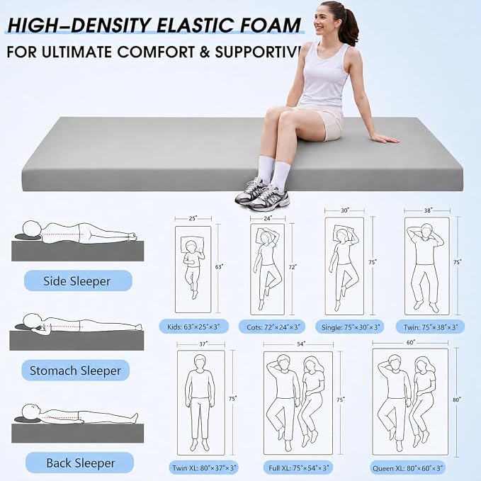 CYMULA 3 Inch Memory Foam Camping Pad, Camping Essentials Roll Up Floor Mat for Car Camping, Cot, Tent, Truck, Travel and Guest Use, Non-Slip Waterproof Bottom, Removable Cover miniatura 2