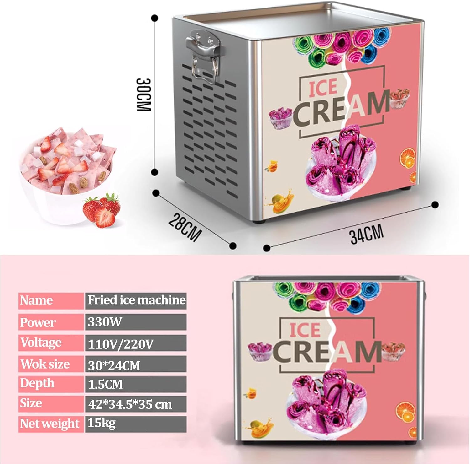 Commercial Ice Cream Roll Machine, 330w Fried Yogurt Machine, Ice Cream Roll Machine With 11.8×9.4 Inch Square Plate with Food Scoop, Suitable for Bars, Cafes and Dessert Shops