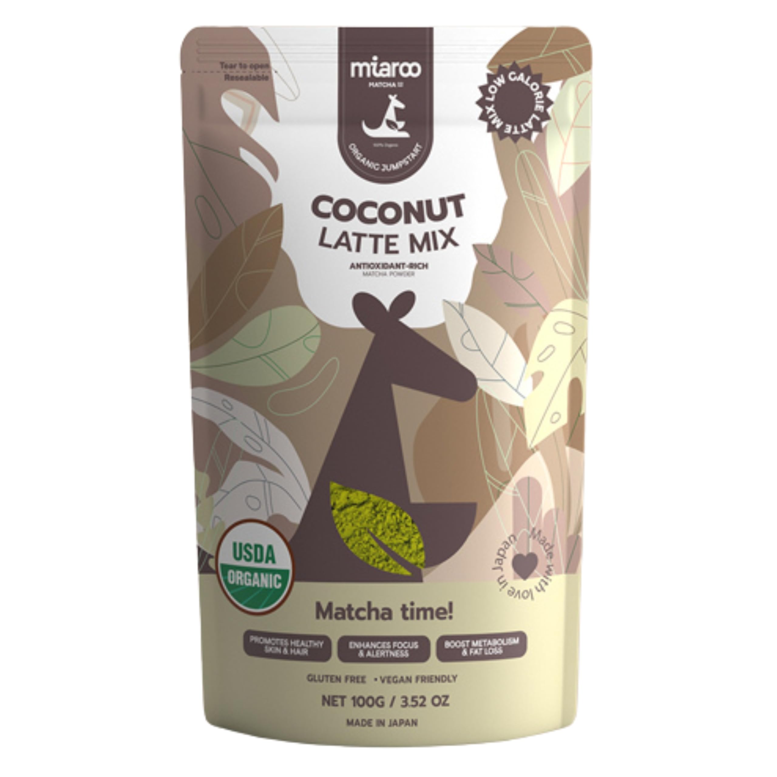 Coconut Matcha Latte 100g | Creamy Japanese Green Tea Powder with Coconut Flavor, Non-Dairy | No Artificial Sweeteners, 5g Sugar, 30mg Caffeine | Perfect for Hot or Cold Lattes | Miaroo