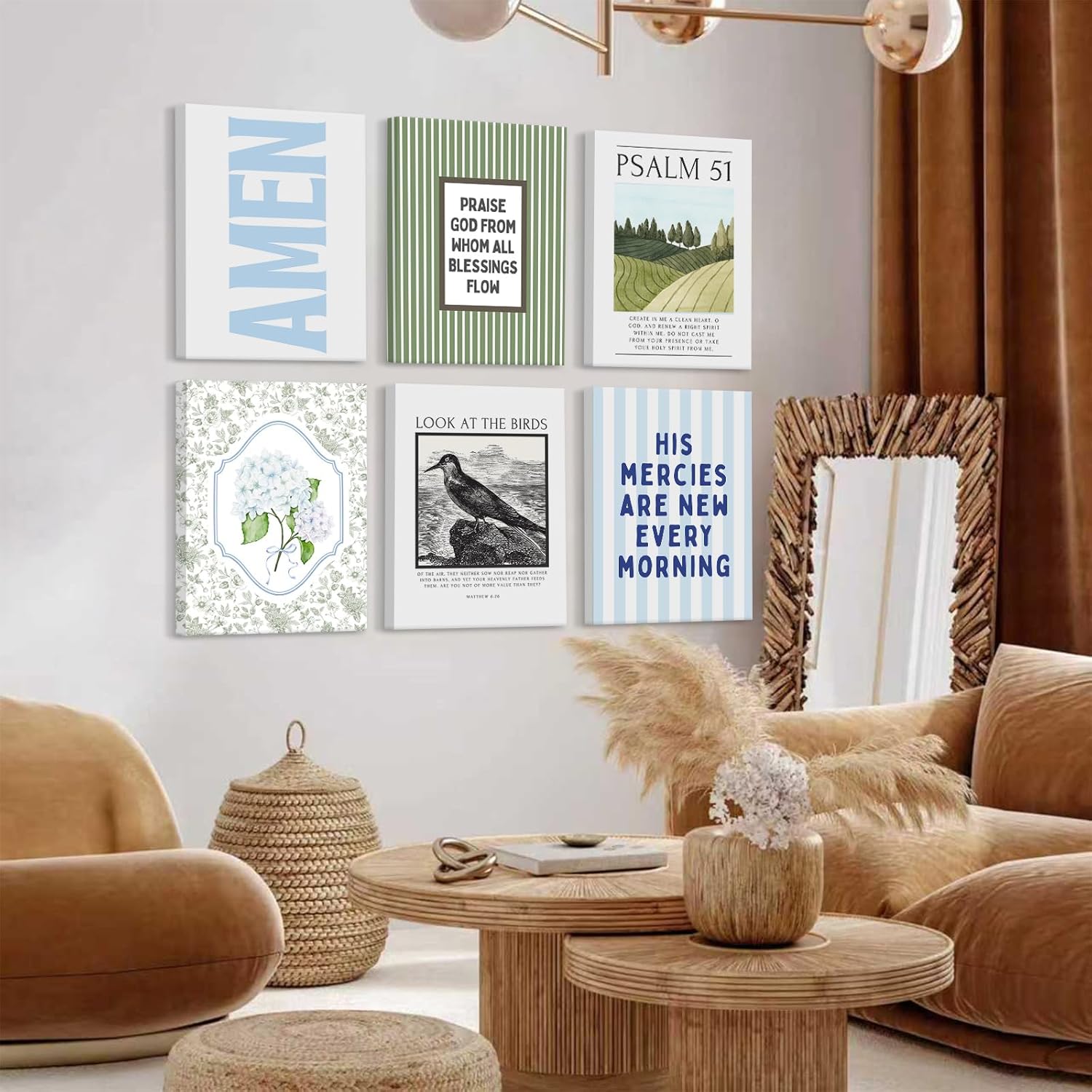 Blue Green Christian Wall Art Decor Bible Verse Canvas Poster Preppy Scripture Pictures Trendy Religious Prints Aesthetic Floral Artwork Painting for Bedroom Living Room 8x10 Inch Ready to Hang 6Pcs