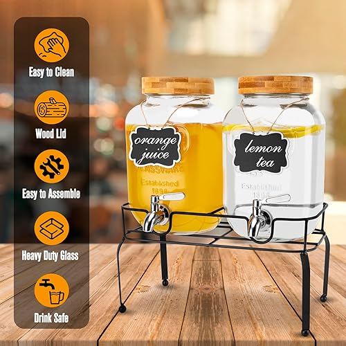 Miniatura 7 de Dispensador de bebidas, 2 piezas de 1 galón de vidrio con soporte para fiestas (doble, con soporte)