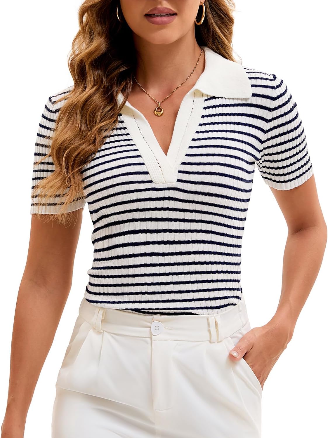 Cioatin Women Short Sleeve Striped Knit Polo Crop Shirt Tops Vintage Collar V Neck Slim Fit T-Shirt Aesthetic Going Out