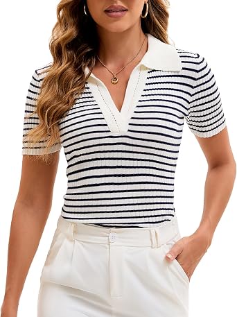 Cioatin Women Short Sleeve Striped Knit Polo Crop Shirt Tops Vintage Collar V Neck Slim Fit T-Shirt Aesthetic Going Out