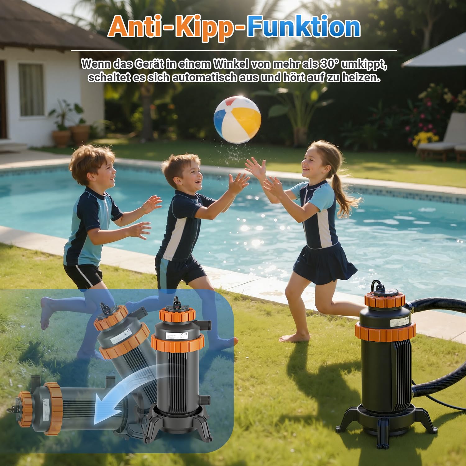 Poolheizung Ø 17 x 42 cm, Warmwasser Heizung für Pools, Schwimmbadheizung mit Digitalanzeige und automatischer Wärmespeicherung, 32-38mm Anschluss, Pool Heizungen für Schwimmbad, Gartendusche