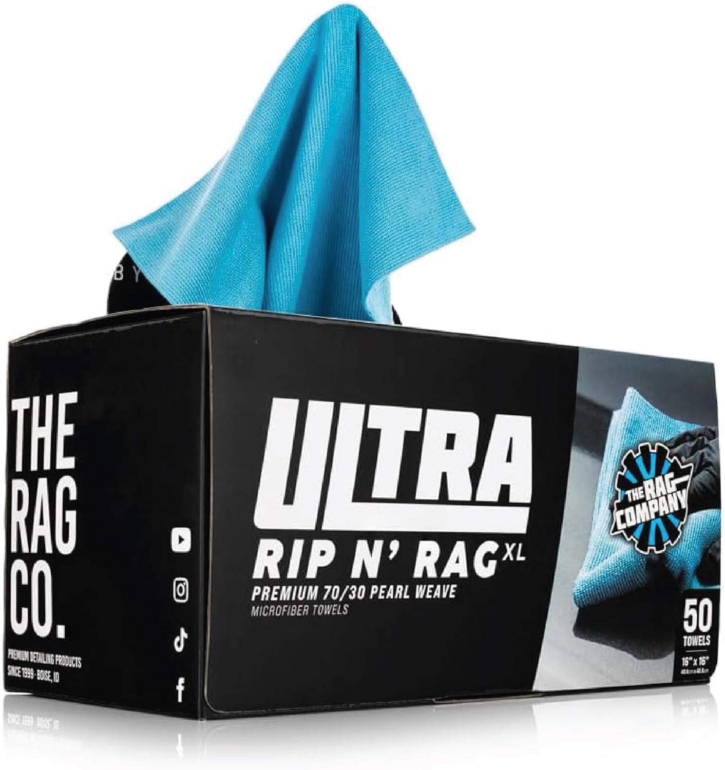 The Rag Company - Ultra Rip N' Rag XL Premium Reusable Pearl-Weave Microfiber Towels for Coatings, Glass, Detailing, Home, RV and More - 50 Count - Quality 70/30 Blend - 280gsm 16" x 16" - Ultra Blue 16"x16" Pearl Weave (50 Count) Blue