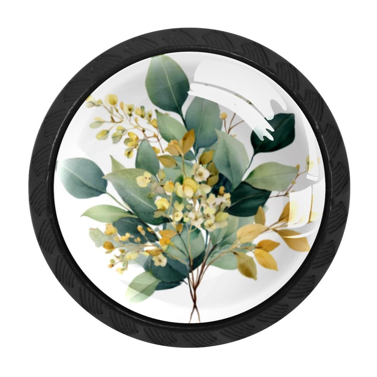 CHENZZZZ 4 Pieces Green and Gold Leaf Branches (7) Drawer Knobs, 35mm Black Cabinet Knobs, Drawer Pulls and Knobs, Dresser Drawer Knobs, Cabinet Hardware Kitchen Cabinet Knobs