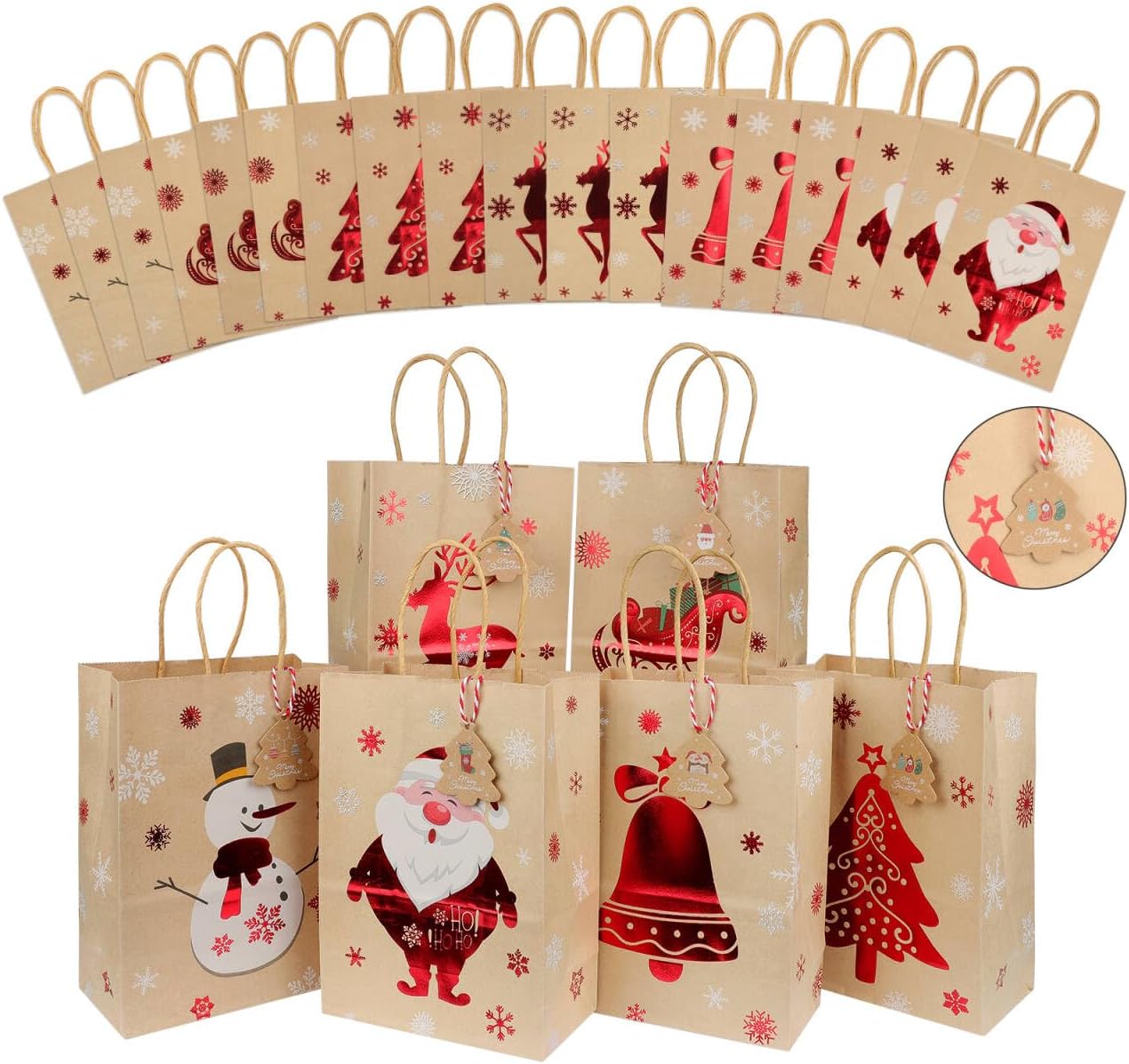 TaoQ C 24 PCS Christmas Kraft Gift Bags Christmas Gift Paper Bags with Tag Xmas Kraft Paper Bags with Handles Xmas Paper Treat Bags for Xmas Wedding Anniversary Birthday Party