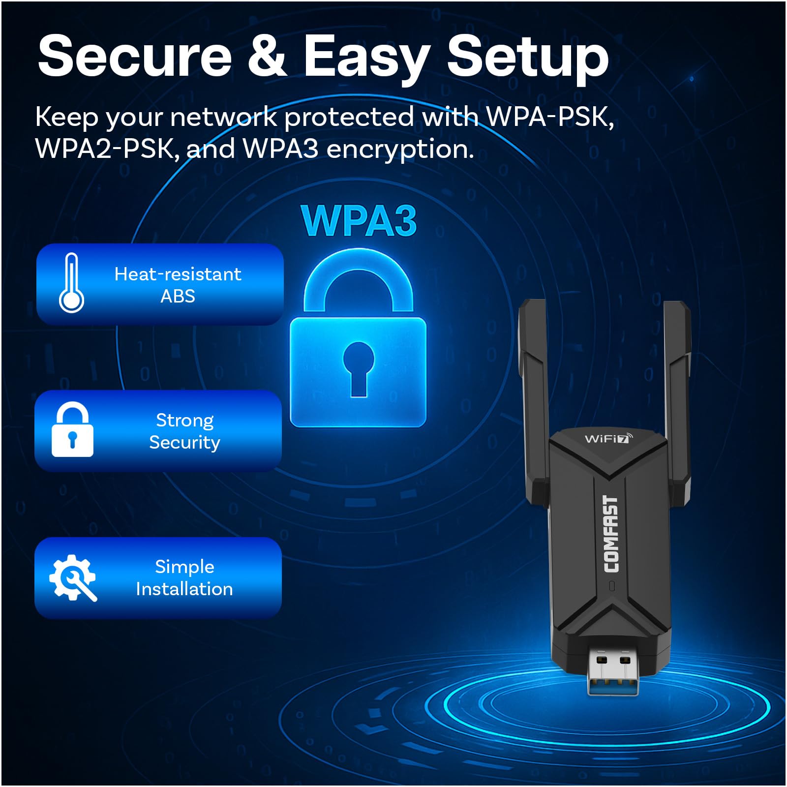 Adattatore Wifi 7 USB BE6500 di MMOBIEL – Tri-Banda (6/5/2.4GHz) 6452 Mbps Chiavetta WiFi con USB 3.0 & Antenna Esterna, WPA3, 4K-QAM, Plug & Play - Per Windows 11/10/Mac/Linux PC Desktop & Laptop