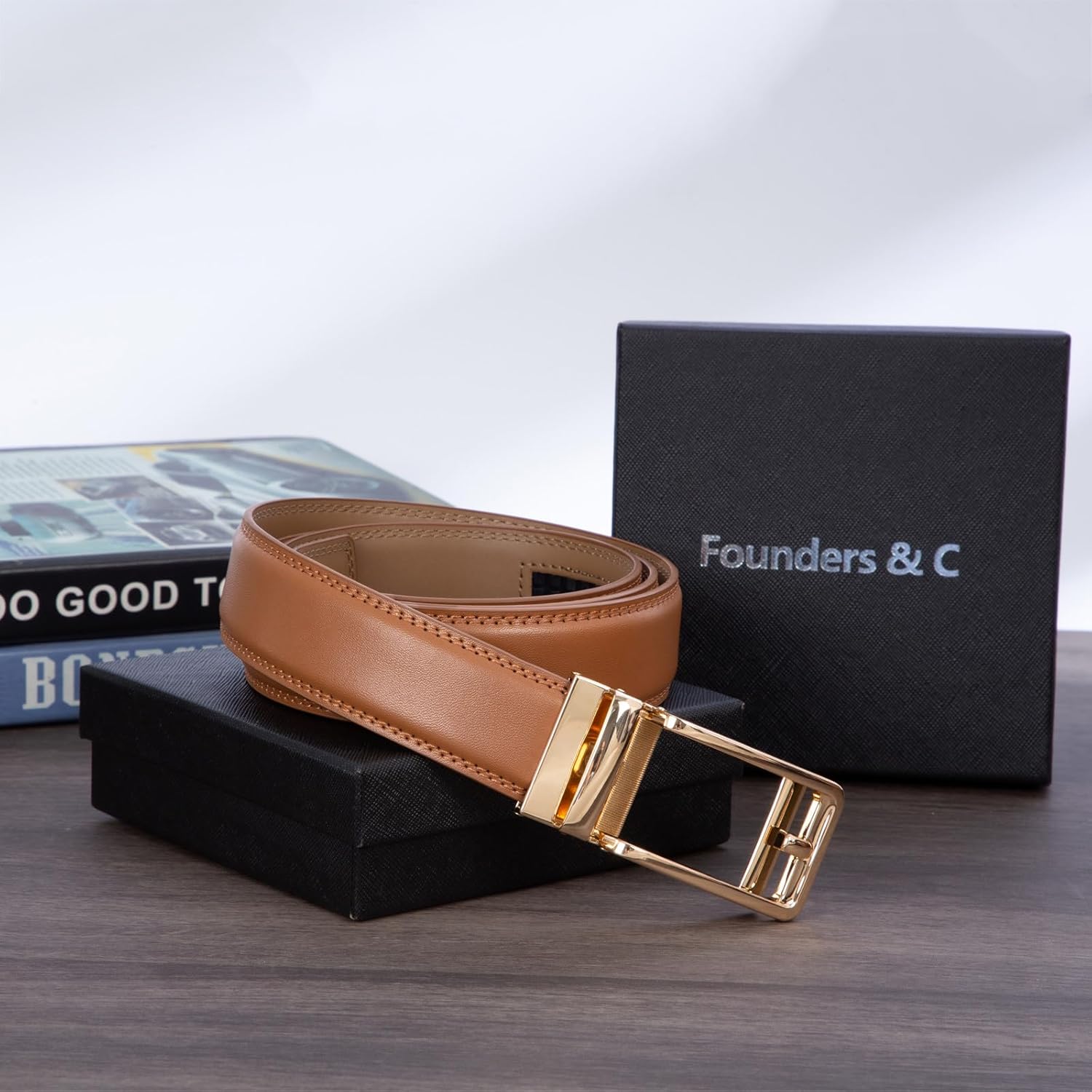 Founders & C Men's Leather Ratchet Comfort Click Belt Dress with Slide Buckle -Adjustable Trim to Fit - Image 5