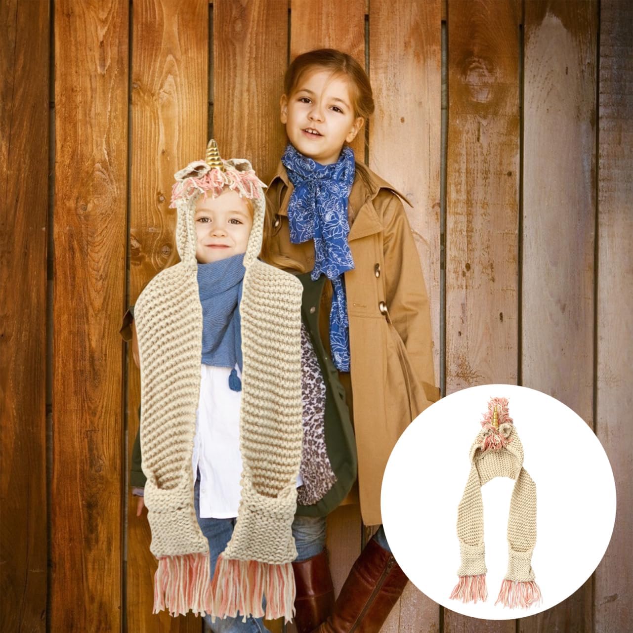 Unicorn Hooded Hat Scarf Knitted Winter Cap for Kids Warm Neck Warmer Creative Crochet Design for Cold Weather Golden