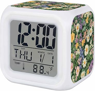 Spring Flowers Alarm Clock, White Daisy Pastoral Oil Painting Digital Clock Night Light with 7 Color, Calendar Temperature Display, NightLight Clock for Bedroom, 3.2x3.2in