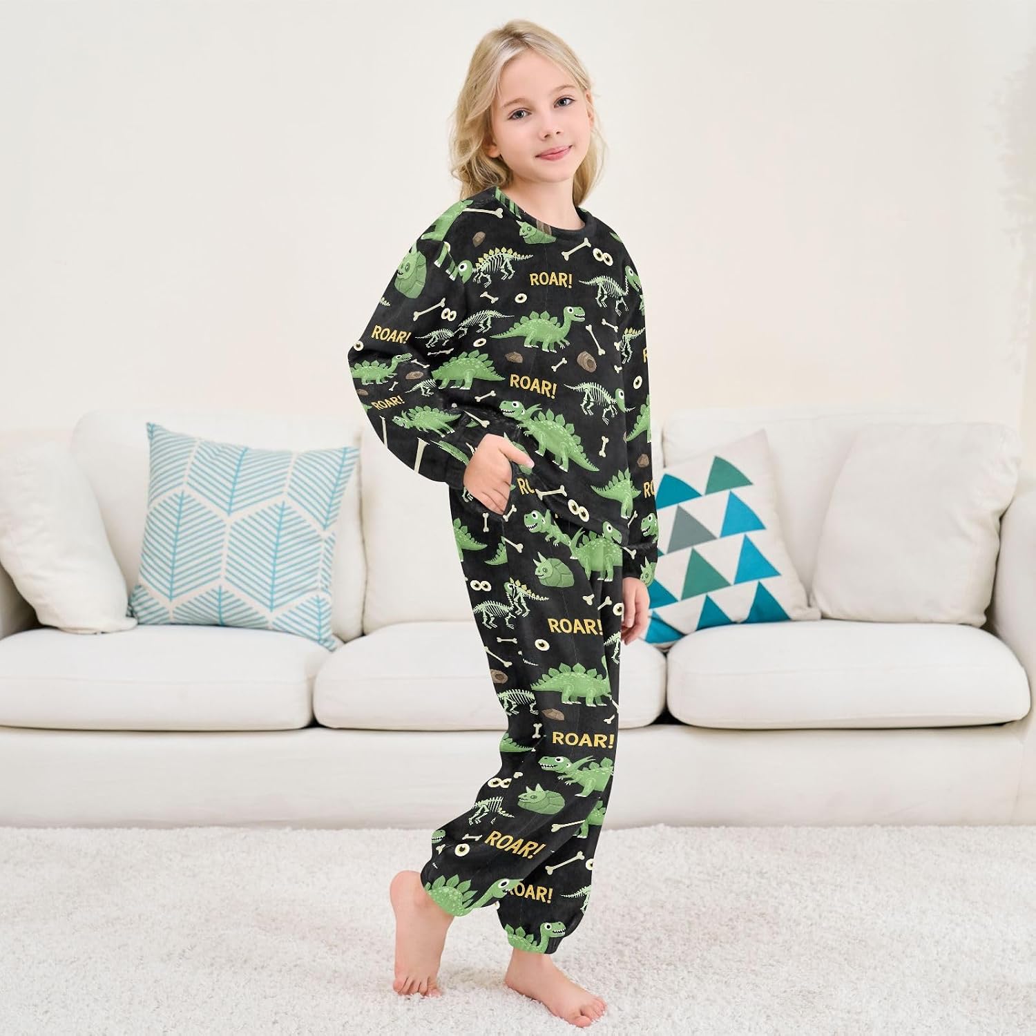 Playful Green Dinosaurs Plush Pajama Set Soft Coral Fleece, 2 Piece Winter Loungewear