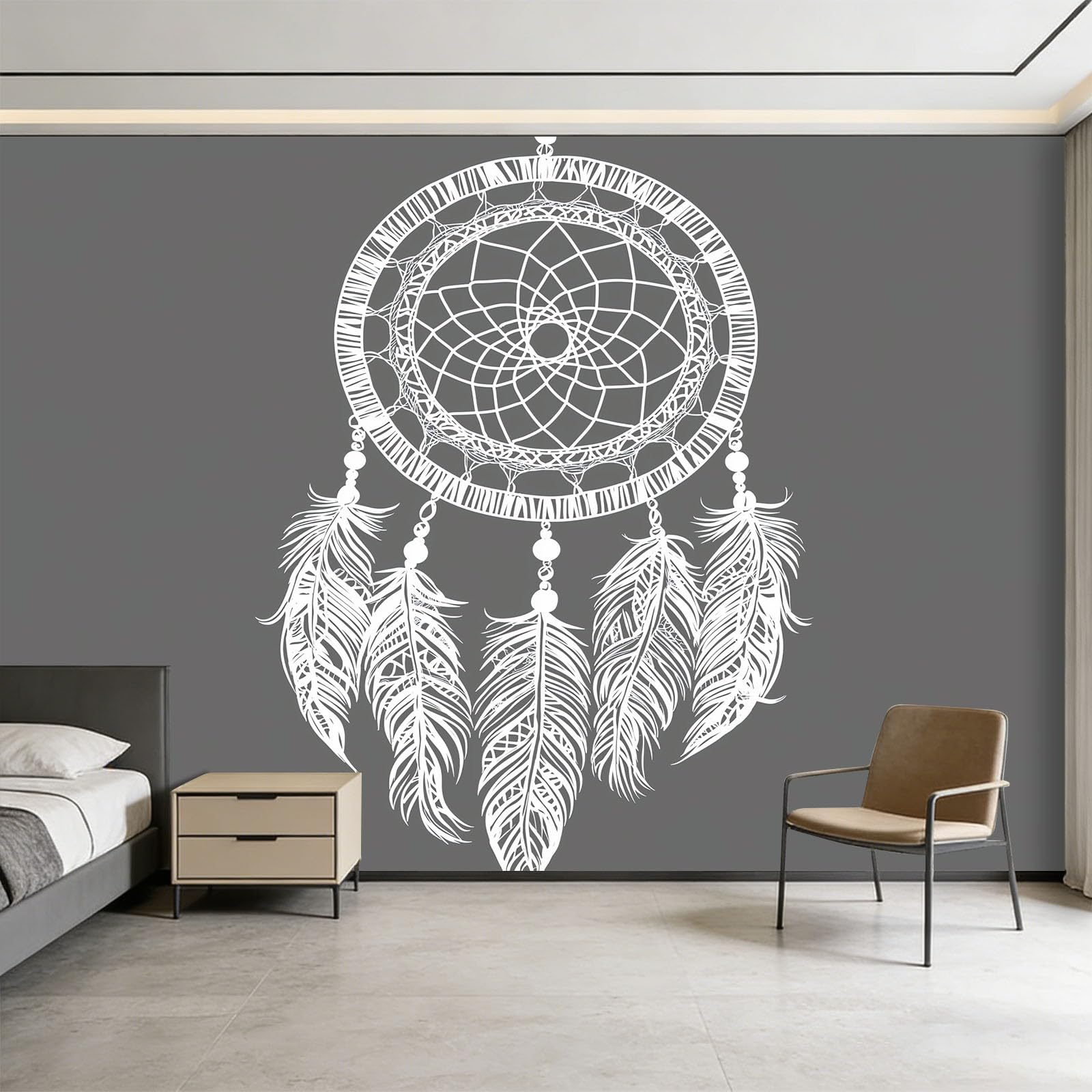 Boho Fototapete B250 x H175 cm Wandtapete, Geometrisch Traumfänger Federn Hochwertige Vliestapete für Wohnzimmer Schlafzimmer - Grau Moderne XXL Wanddekoration 3D-Effekt Wandbild Flur Büro