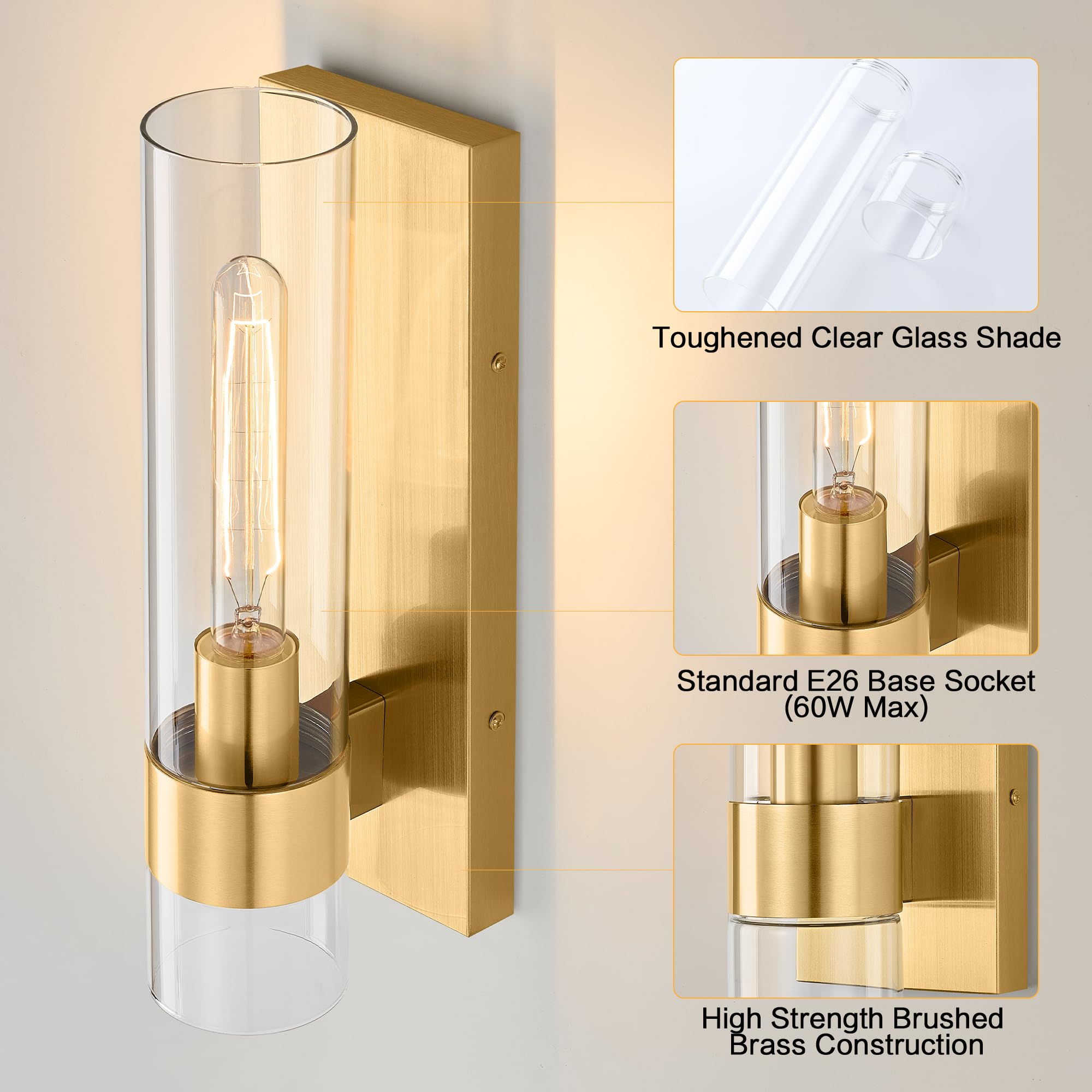 Juego de 2 apliques de pared dorados, modernos apliques de baño, iluminación de pared con vidrio transparente, apliques de baño, juego de 2, apliques de pared interiores para baño, sala de 4