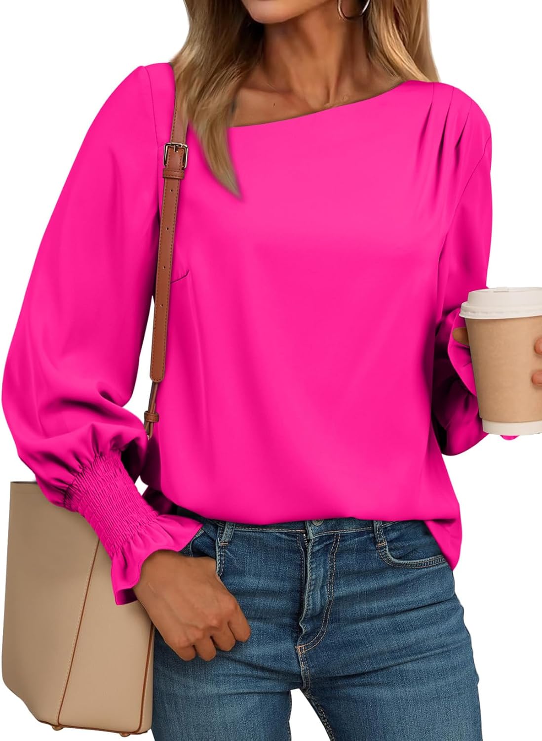 EVALESS Blouses for Women Dressy Casual Pleated Long Sleeve Tops Asymmetrical V Neck Business Work Shirts