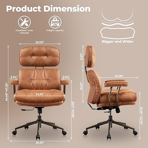 Miniatura 8 de ovios Silla ergonómica de oficina en casa, sillas modernas de piel sintética de mediados de siglo con cojines gruesos, cómodo sillón giratorio de