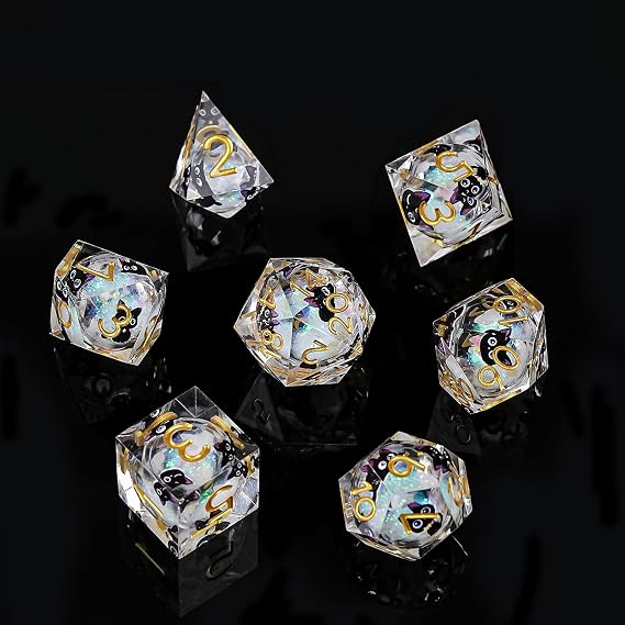 GU EI TE Liquid Core Resin DND Dice,Cat Style Polyhedral Dice 7-Die Set Quicksand Handmade for RPG MTG Table Games