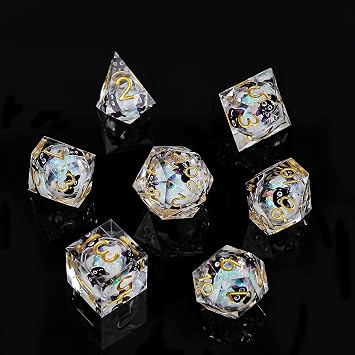 GU EI TE Liquid Core Resin DND Dice,Cat Style Polyhedral Dice 7-Die Set Quicksand Handmade for RPG MTG Table Games
