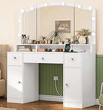 FIONESO Makeup Station with 10 LED Lights, 3 Adjustable Colours, 3 Folding Mirrors, Makeup Vanity Unit with 2 USB and 2 Sockets, 3 Drawers and 2 Cabinets, White