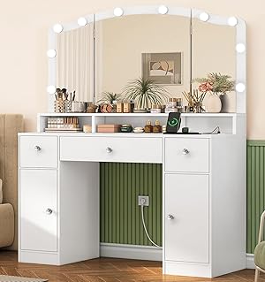 FIONESO Tocador de Maquillaje con 10 Luz LED y Enchufes, 3 Espejos Plegables, Mesa de Tocador con 3 Cajones y Dos Armarios, para Mujer, Dormitorio, Blanco