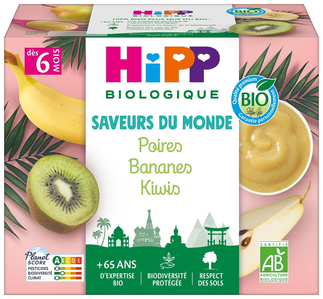 HiPP - Saveurs du Monde - Poires Bananes Kiwis Coupelles - 4x100g - BIOLOGIQUE