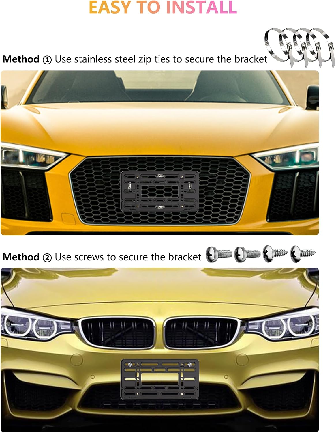 Front License Plate Holder Bracket–Upgraded Black Universal ABS Mounting Kit Frame with Raised Edge & Screws for Front Bumper