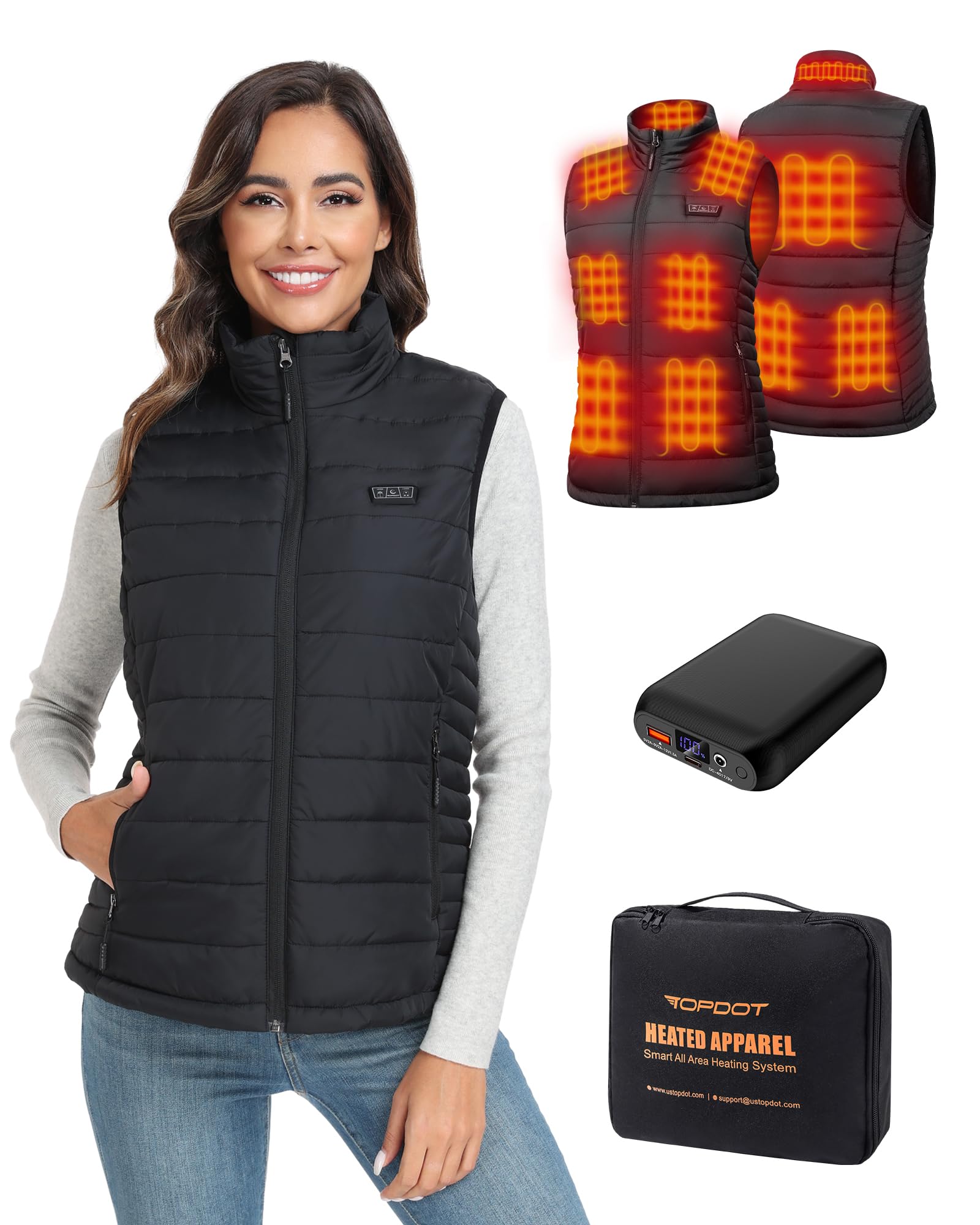 Topdot Beheizbare Weste Damen mit Powerbank 7.4V 16000mAh, 10 Heizzonen, Heizweste mit 3 Temperaturstufen, Leichte Elektrische Beheizte Weste für Radfahren, Camping & Outdoor-Arbeit