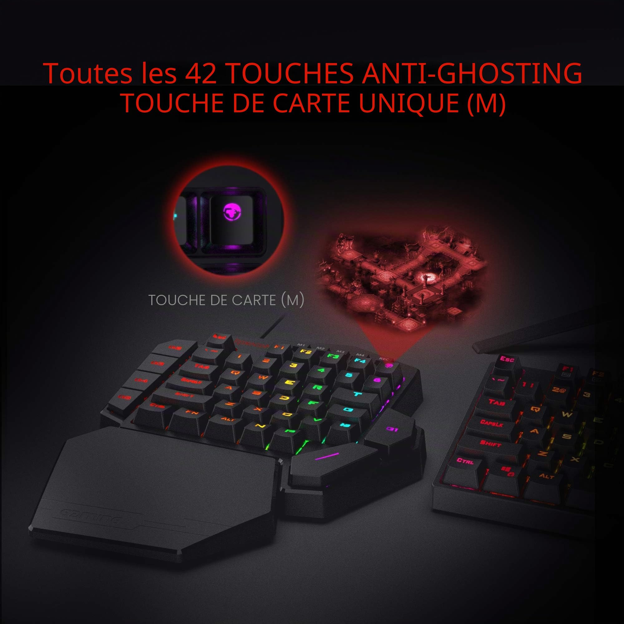 Redragon K585 Clavier Une Main Filaire RGB 42 Touches Rouge | clavier gaming mécanique RGB une main filaire type C 7 touches macro repose-poignet détachable 42 touches interrupteur rouge
