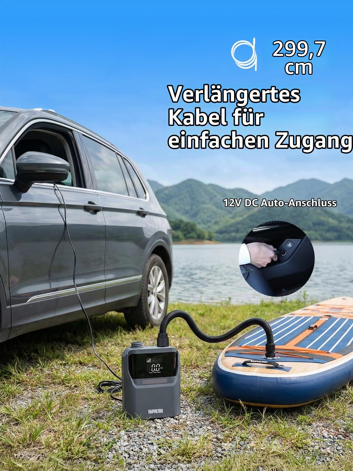 Niphean Elektrische Luftpumpe SUP mit (Extra-Langem) 300cm 12V Kabel, 50PSI SUP Pumpe Elektrisch für Auto&Luftmatratze, Luftpumpe Elektrisch für Aufblasen&Ablassen, Elektrische Pumpe mit Tragetasche