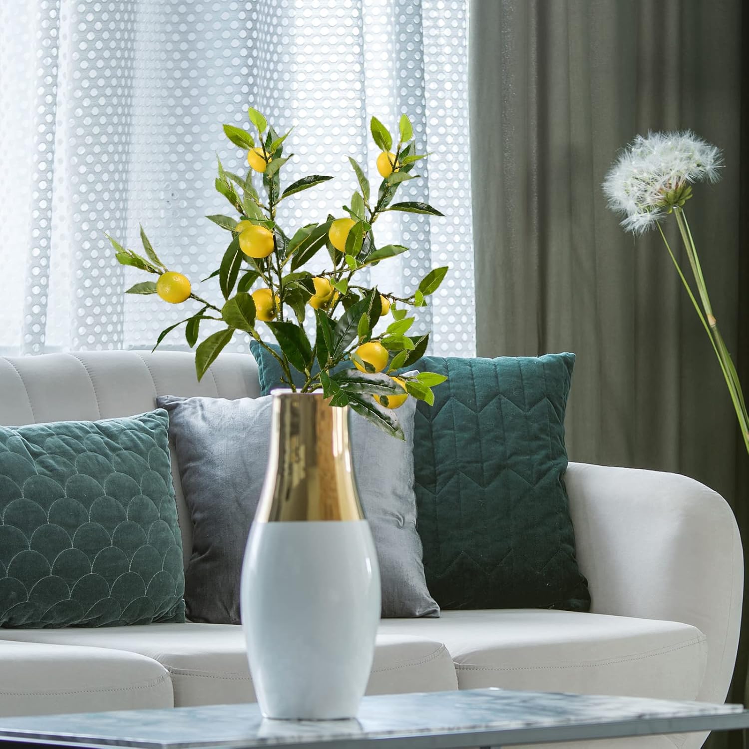 6PCS Artificial Lemon Branches, 35.8 in Yellow Faux Lemon Fruits Spring Fake Lemon Sprigs Branch Artificial Flower Bundles Wreaths Leaf Simulated Lemon Branch for Home Office Arrangement (#1)