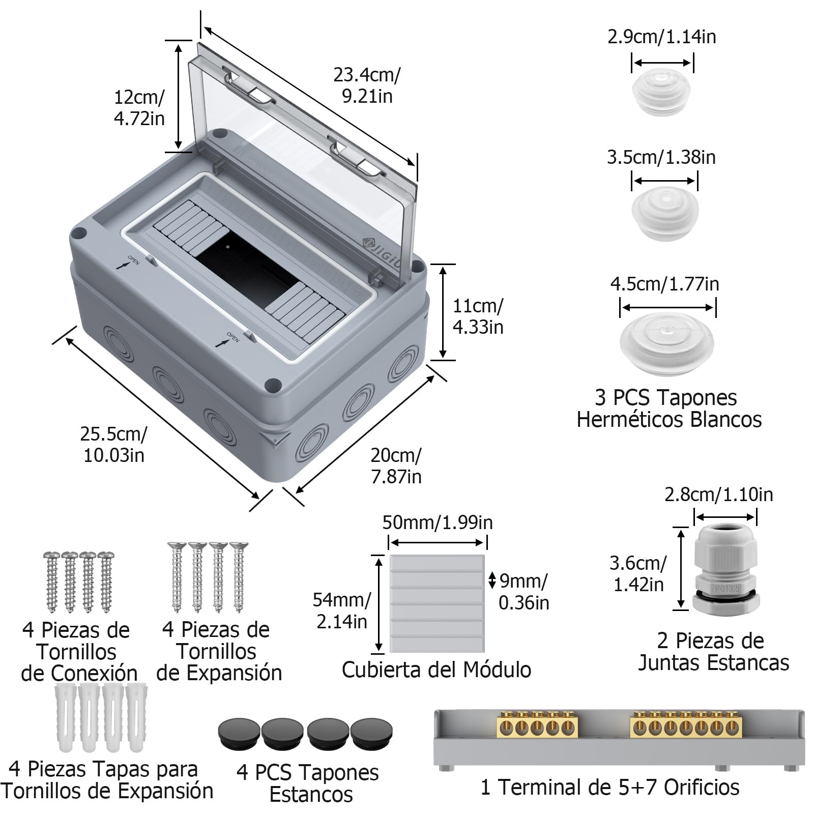JiGiU Caja de Distribución de 12 Módulos, Caja de Fusibles Empotrada IP65, Carcasa Impermeable y Resistente a la Humedad Material ABSpara para Jardines, Columnas de Carga (255 * 200 * 110mm)