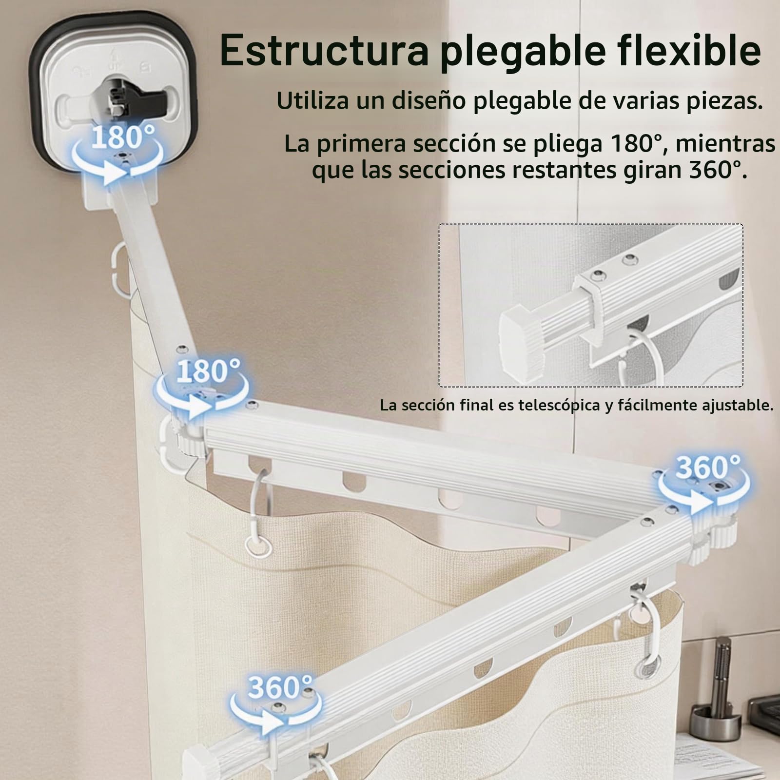 Barra De Cortina De Ducha Plegable, 4 Pliegues Barras Juego cortina de ducha Barras Con Ventosa 1,8 X 2,0M Impermeable Sin Taladros Barra De 162 Cm Forma L/U Escalera Recta (Blanco, 4 Pliegues)