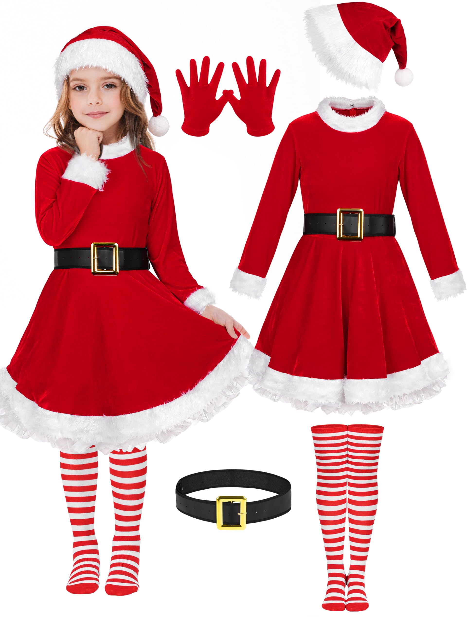 AOTHSO Lot de 5 costumes de Père Noël en velours avec ceinture, au-dessus du genou, chaussettes, chapeau, gants, Père Noël, cosplay